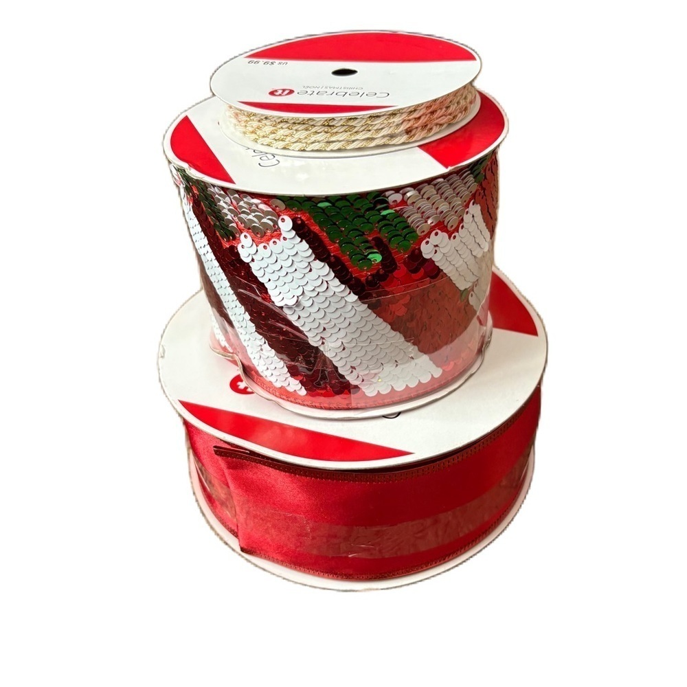 Red White Sequin Ribbon Set Bundle NEW Gold Green Christmas Holiday Candy Cane
